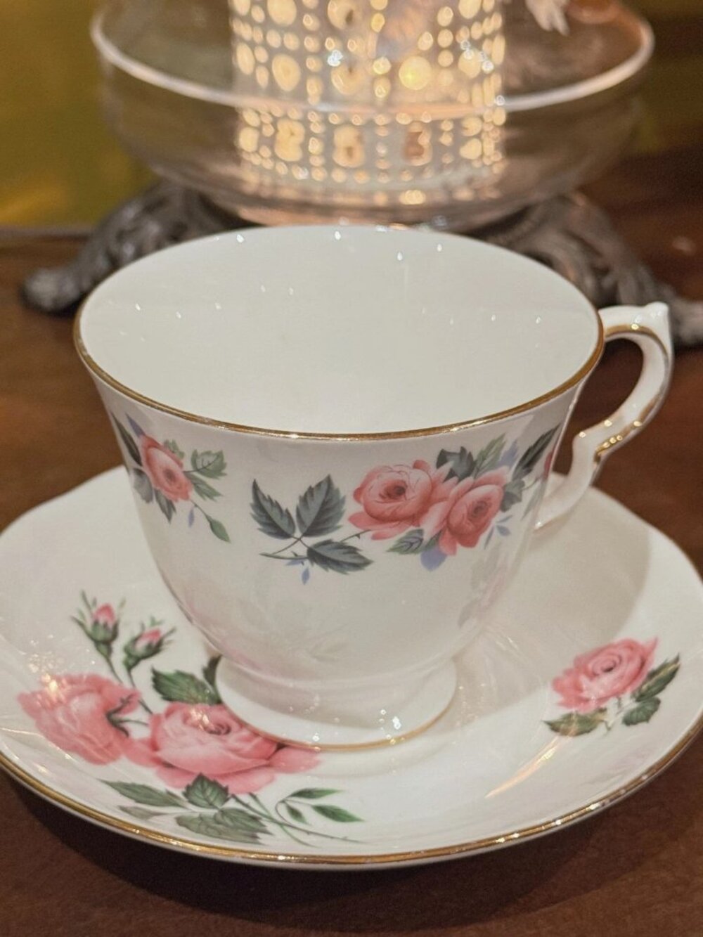 Vintage Queen Anne Pink Roses Teacup Saucer Gold Trim